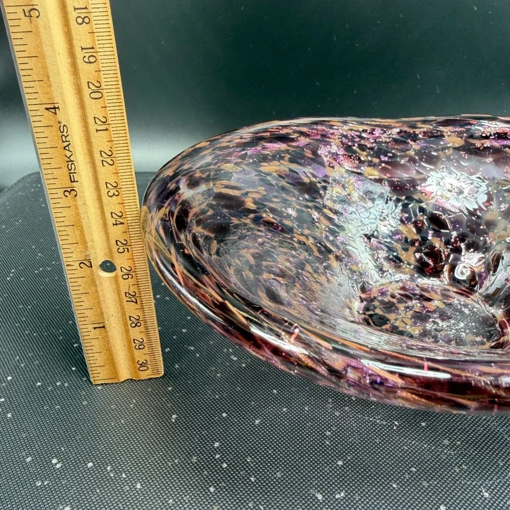 Julia Knight Hand Blown Italy Art Glass Bowl Dish Purple Amber‎ Silver Confetti